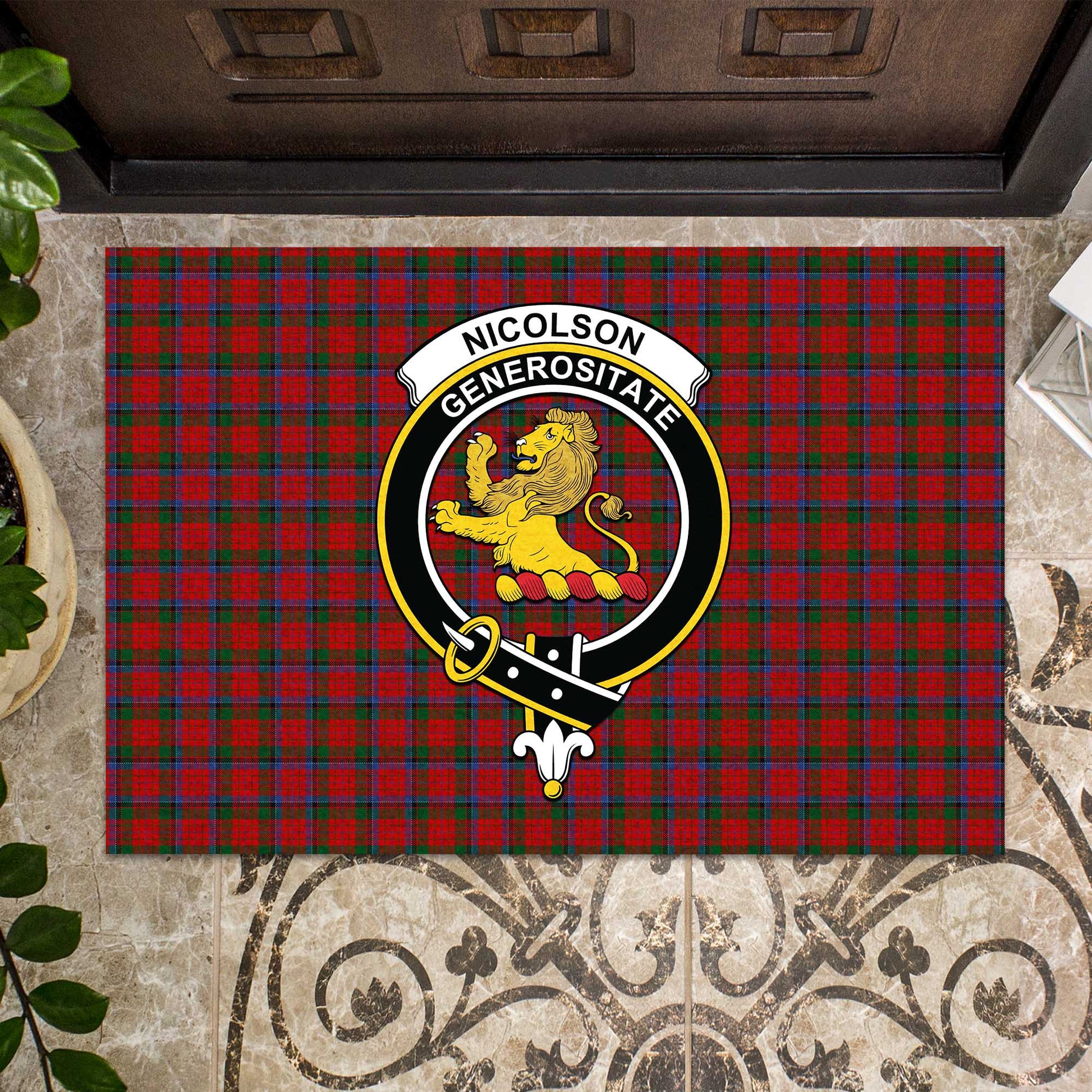 Nicolson Tartan Door Mat with Family Crest - Tartanvibesclothing