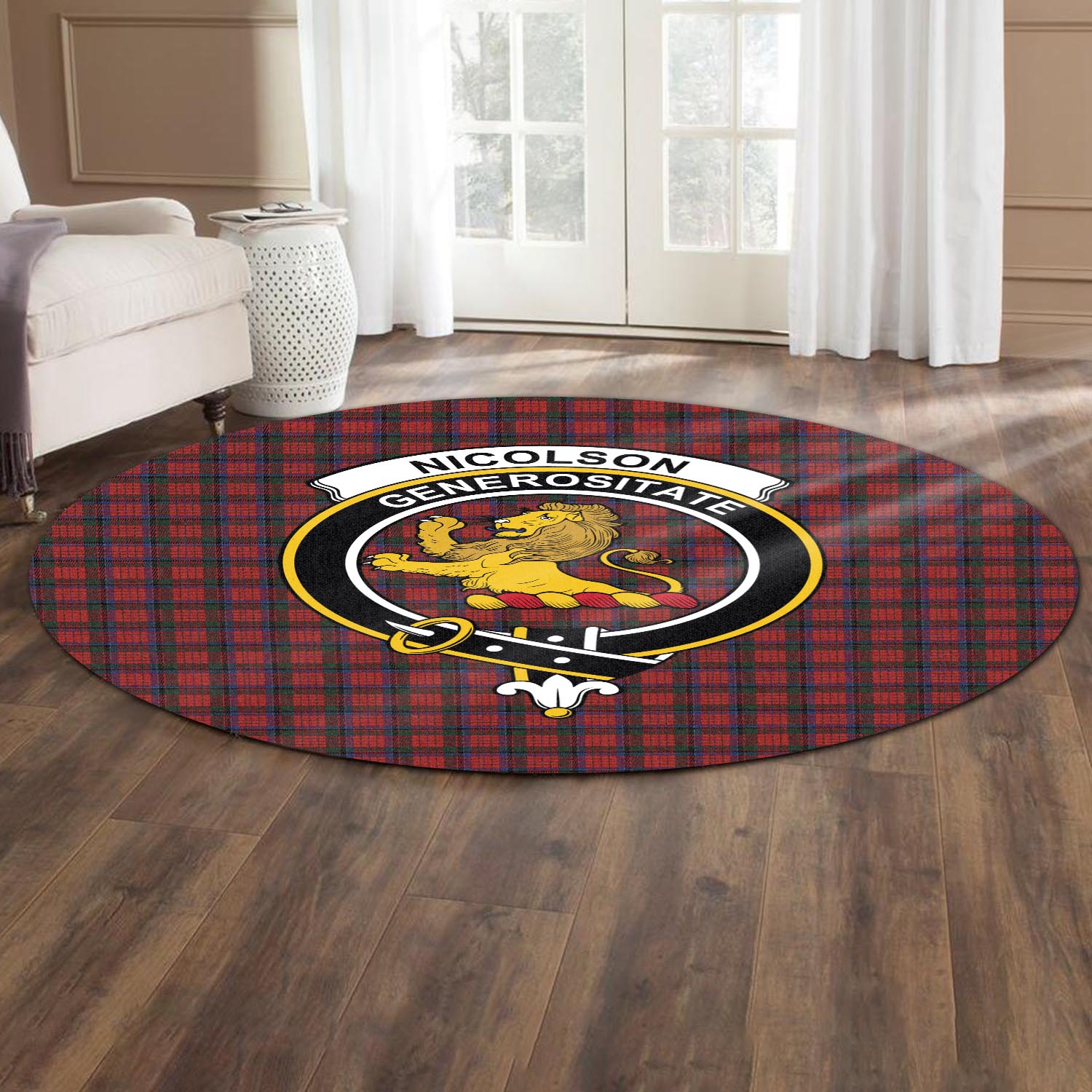 nicolson-tartan-round-rug-with-family-crest