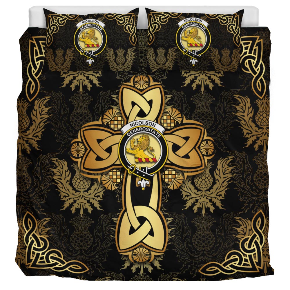 Nicolson Clan Bedding Sets Gold Thistle Celtic Style - Tartanvibesclothing