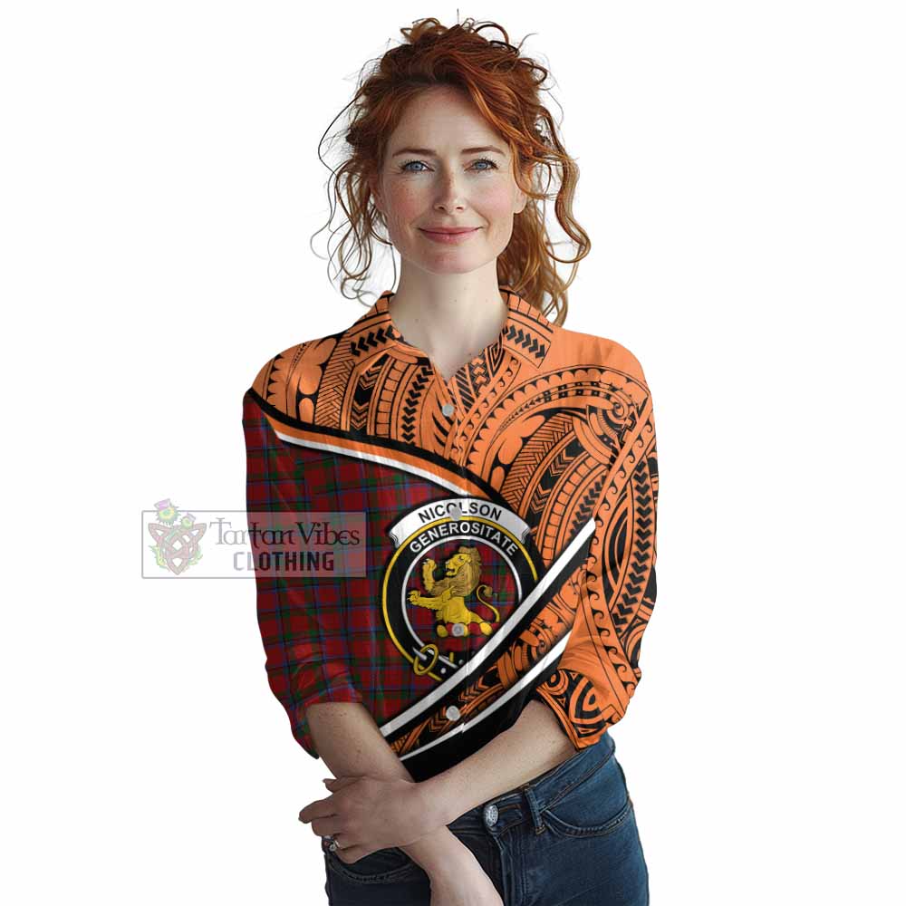 Tartan Vibes Clothing Nicolson Crest Tartan Women's Casual Shirt with Maori Tattoo Style - Orange Version