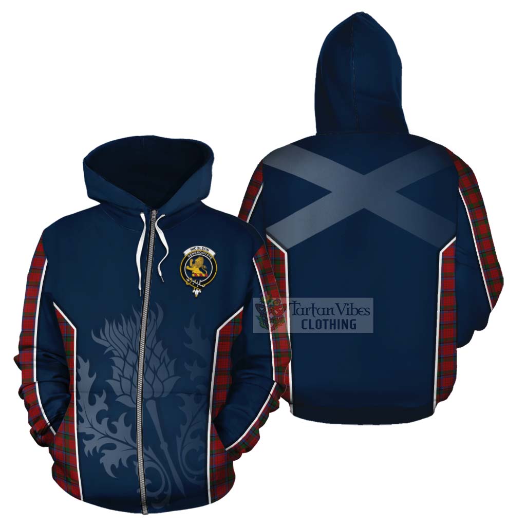 Tartan Vibes Clothing Nicolson Tartan Cotton Hoodie with Family Crest and Scottish Thistle Vibes Sport Style