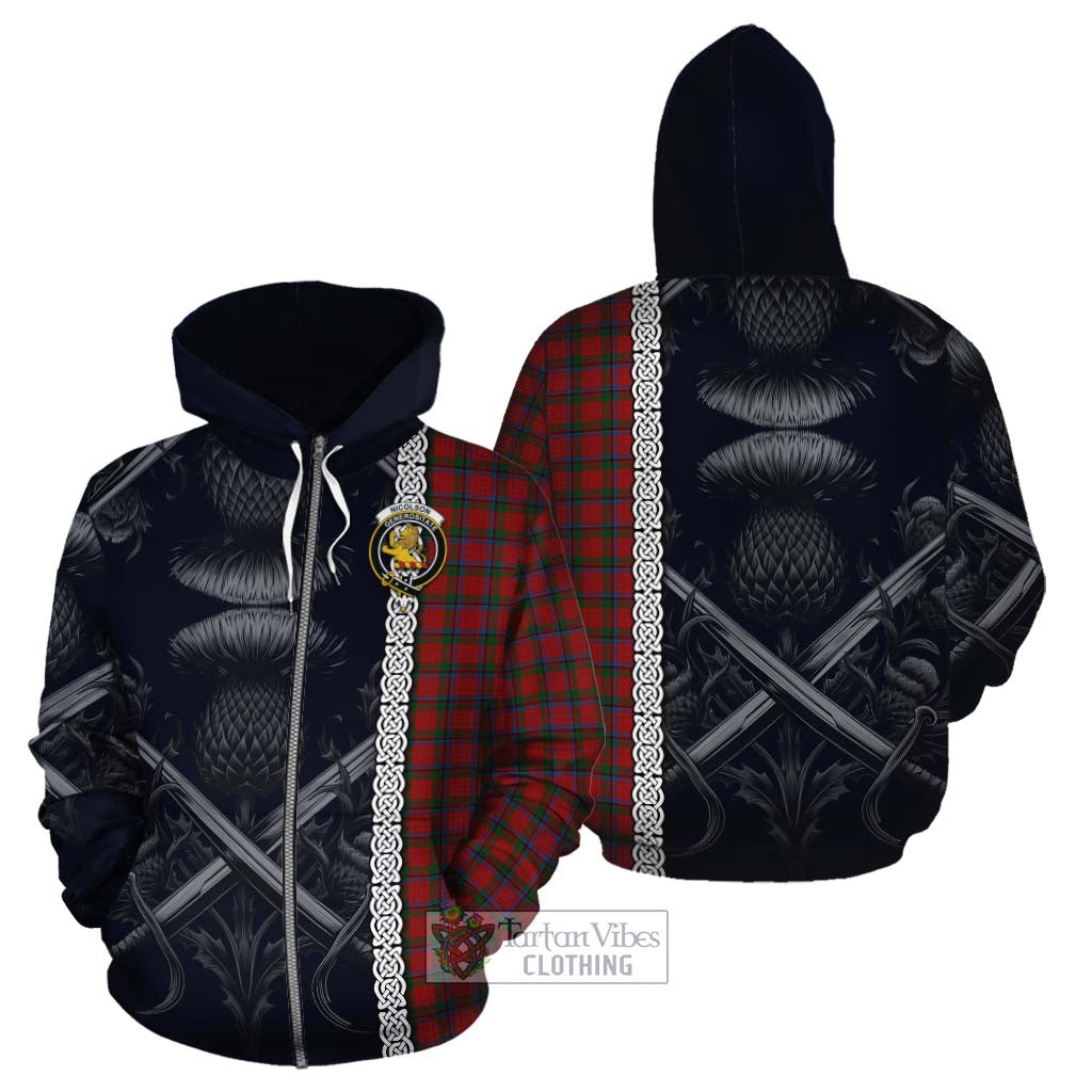 Tartan Vibes Clothing Nicolson Tartan Cotton Hoodie with Family Crest Cross Sword Thistle Celtic Vibes