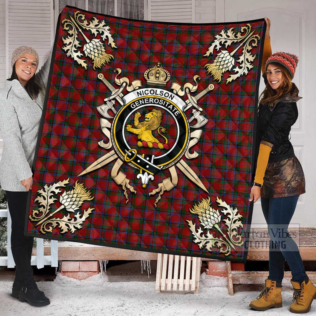 Tartan Vibes Clothing Nicolson Tartan Quilt with Family Crest and Scottish Golden Courage Shield