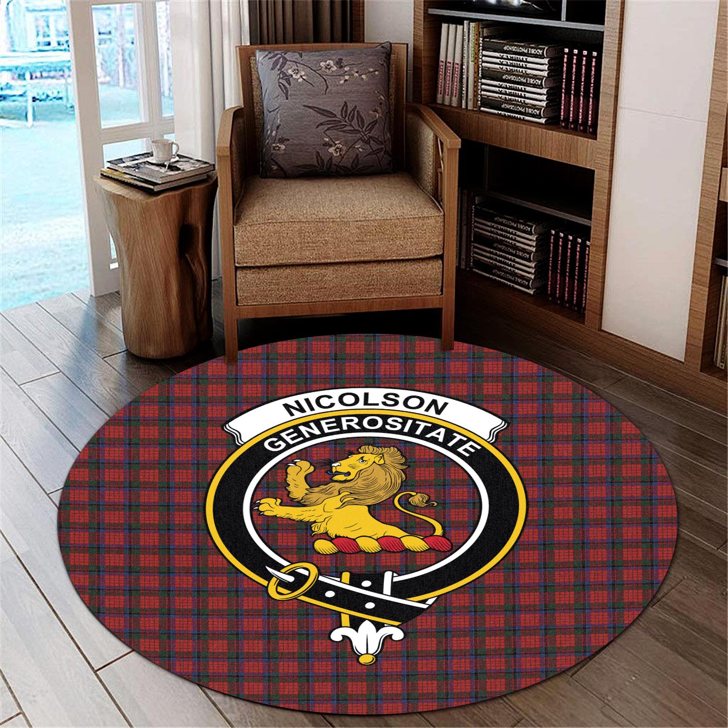 nicolson-tartan-round-rug-with-family-crest