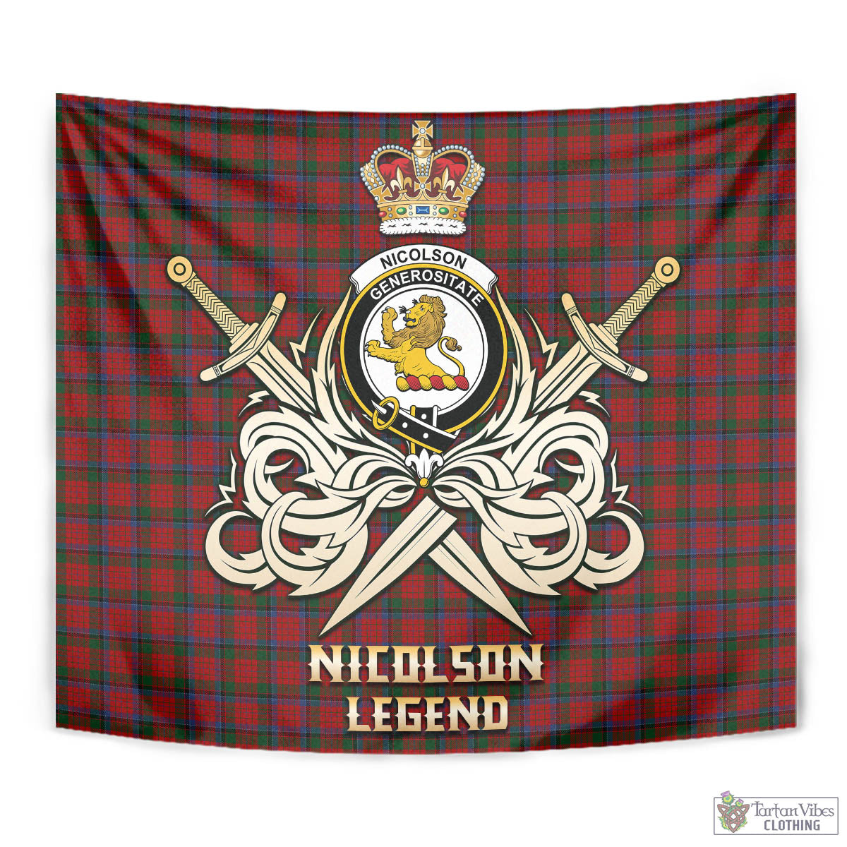 Tartan Vibes Clothing Nicolson Tartan Tapestry with Clan Crest and the Golden Sword of Courageous Legacy