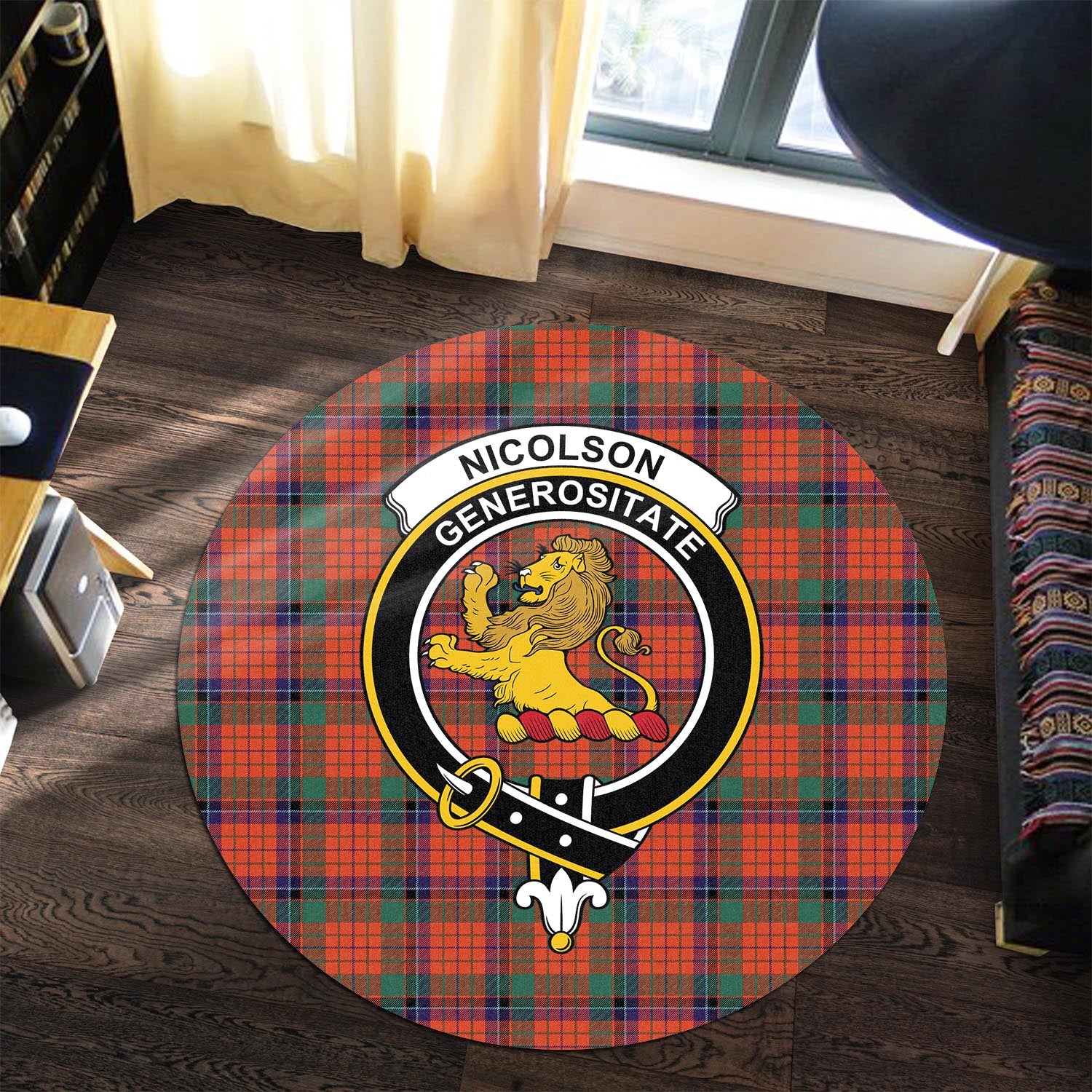 nicolson-ancient-tartan-round-rug-with-family-crest