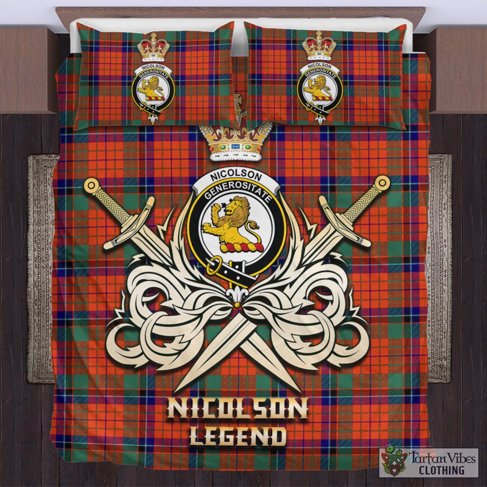 Tartan Vibes Clothing Nicolson Ancient Tartan Bedding Set with Clan Crest and the Golden Sword of Courageous Legacy