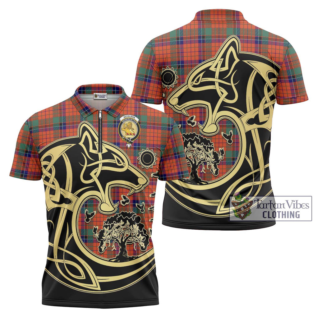 Nicolson Ancient Tartan Zipper Polo Shirt with Family Crest Celtic Wolf Style Unisex - Tartanvibesclothing Shop