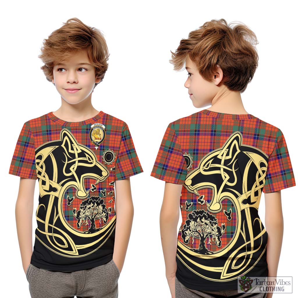 Tartan Vibes Clothing Nicolson Ancient Tartan Kid T-Shirt with Family Crest Celtic Wolf Style