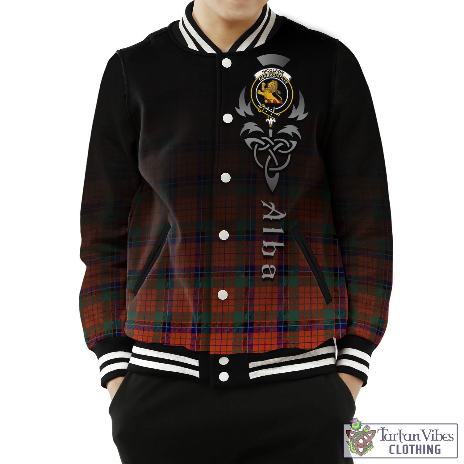 Tartan Vibes Clothing Nicolson Ancient Tartan Baseball Jacket Featuring Alba Gu Brath Family Crest Celtic Inspired