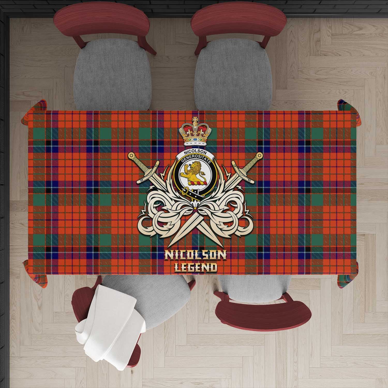 Tartan Vibes Clothing Nicolson Ancient Tartan Tablecloth with Clan Crest and the Golden Sword of Courageous Legacy