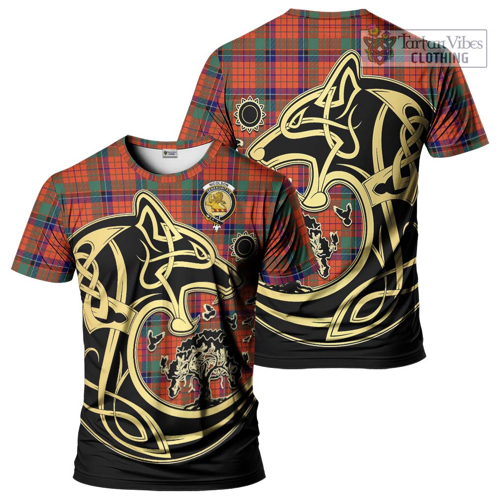 Tartan Vibes Clothing Nicolson Ancient Tartan T-Shirt with Family Crest Celtic Wolf Style