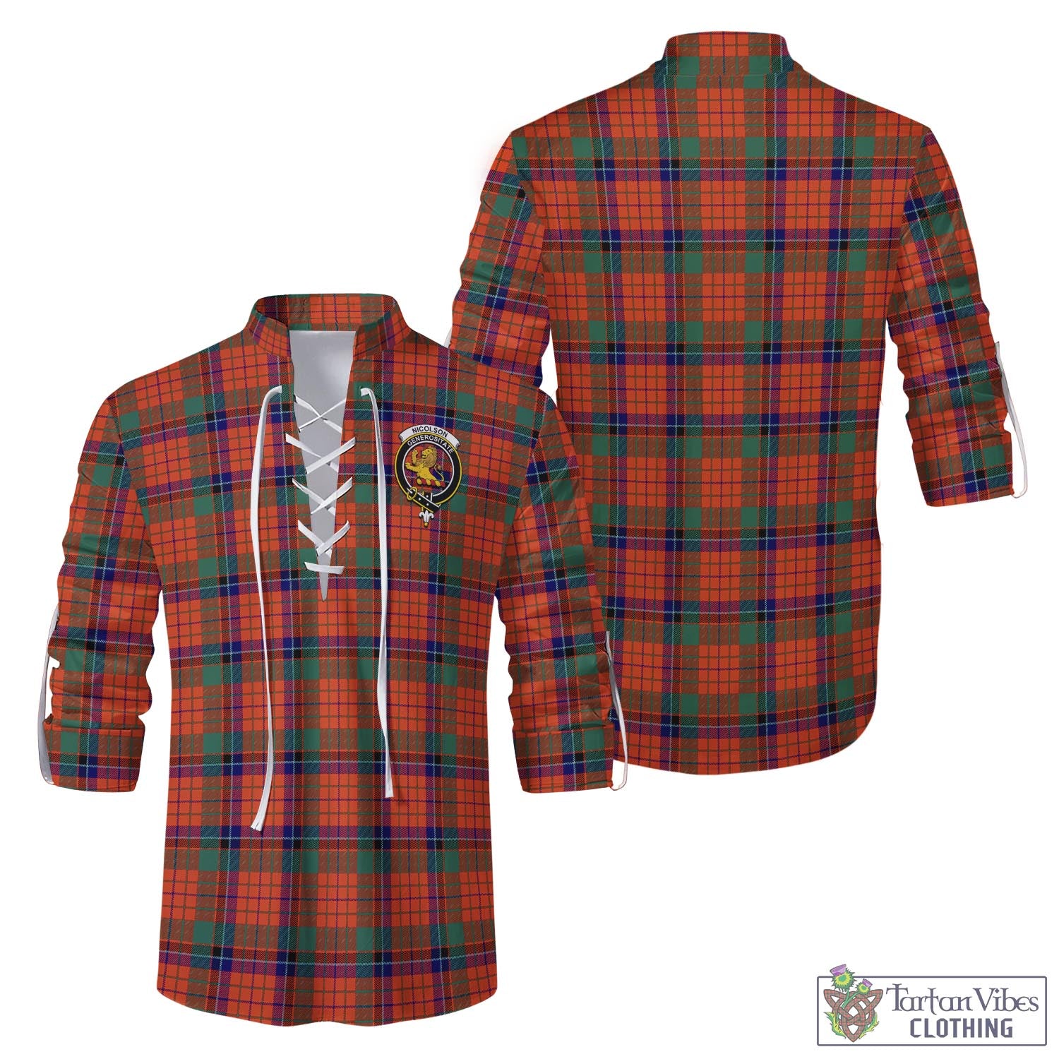 Tartan Vibes Clothing Nicolson Ancient Tartan Men's Scottish Traditional Jacobite Ghillie Kilt Shirt with Family Crest