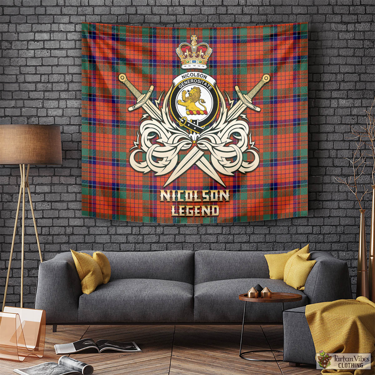 Tartan Vibes Clothing Nicolson Ancient Tartan Tapestry with Clan Crest and the Golden Sword of Courageous Legacy