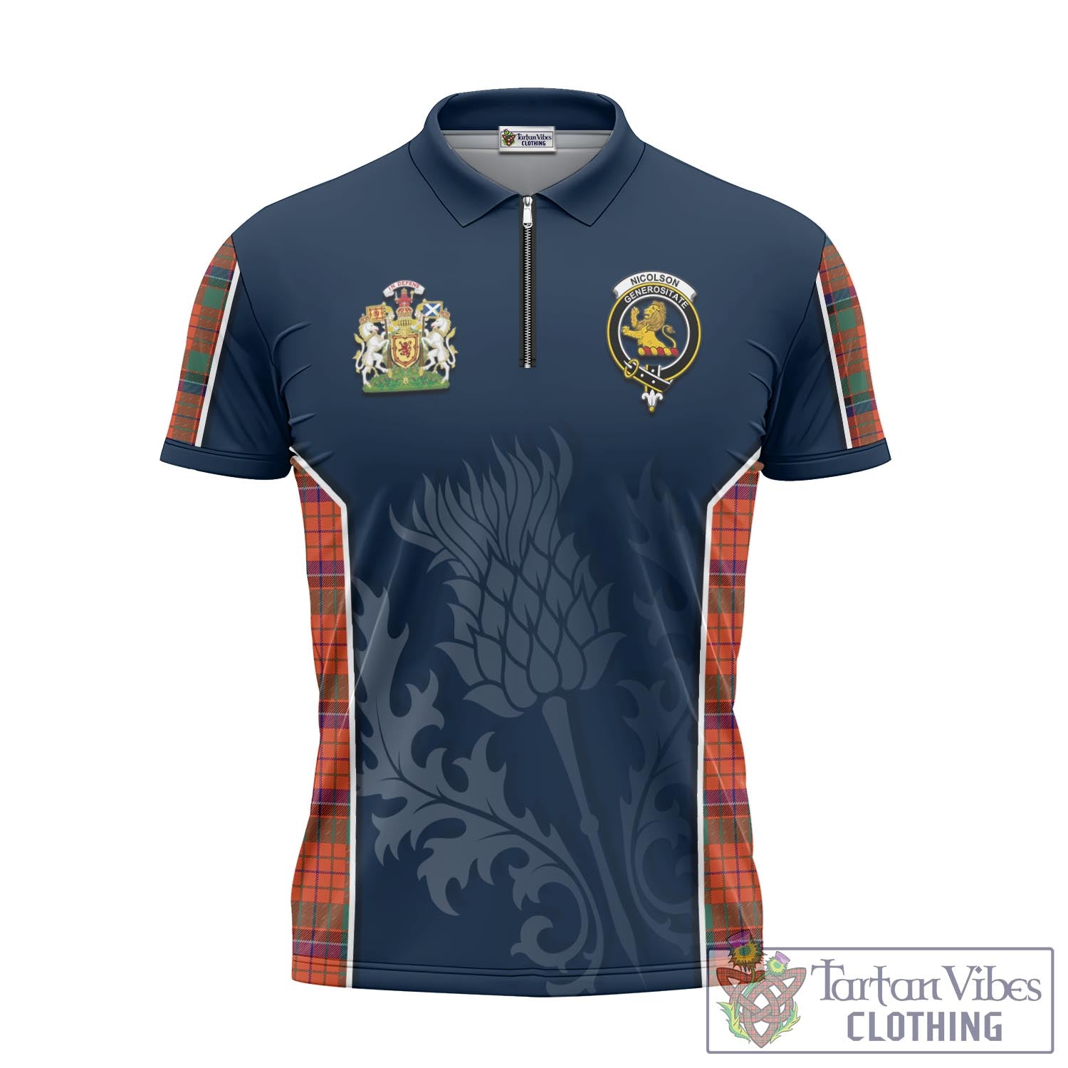 Tartan Vibes Clothing Nicolson Ancient Tartan Zipper Polo Shirt with Family Crest and Scottish Thistle Vibes Sport Style