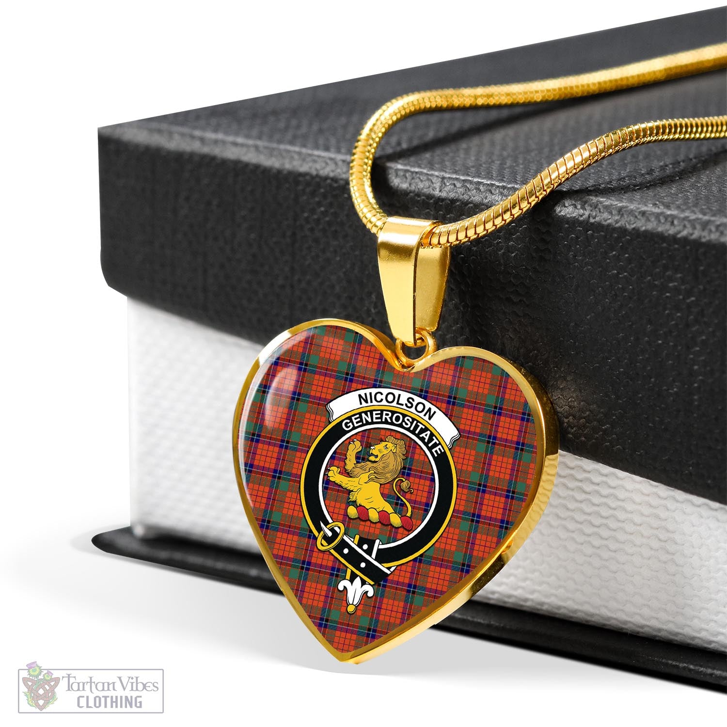 Tartan Vibes Clothing Nicolson Ancient Tartan Heart Necklace with Family Crest