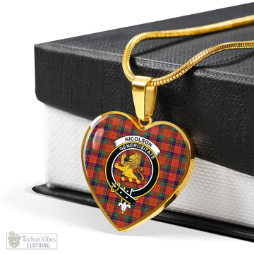 Nicolson Ancient Tartan Heart Necklace with Family Crest