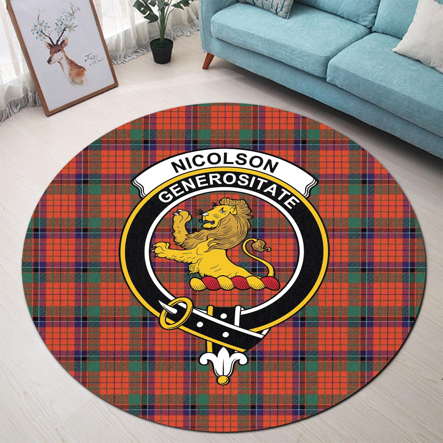 nicolson-ancient-tartan-round-rug-with-family-crest