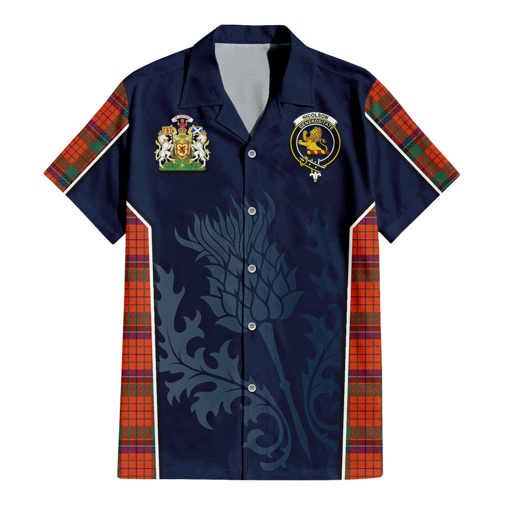 Tartan Vibes Clothing Nicolson Ancient Tartan Short Sleeve Button Up Shirt with Family Crest and Scottish Thistle Vibes Sport Style