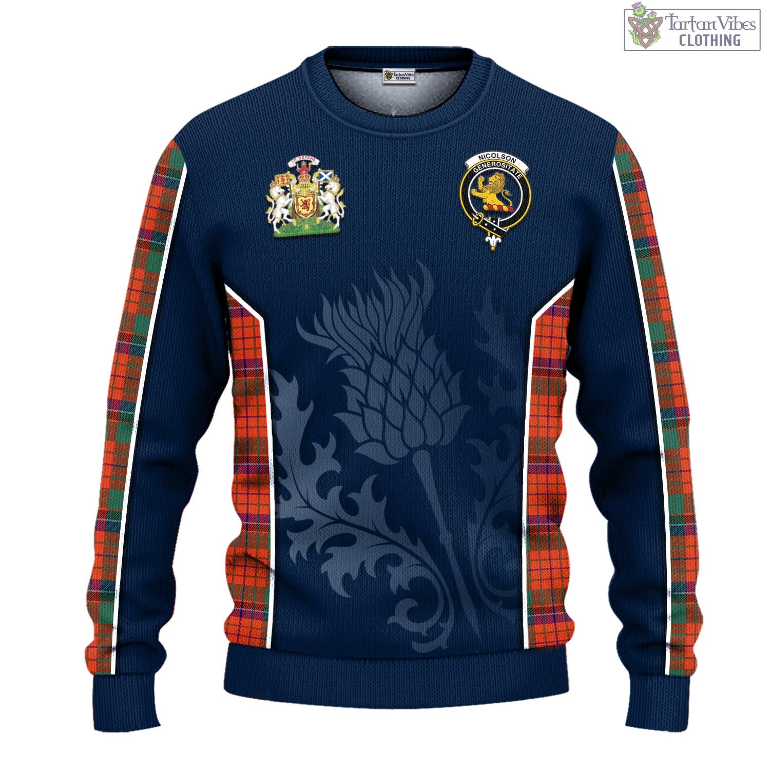 Tartan Vibes Clothing Nicolson Ancient Tartan Knitted Sweatshirt with Family Crest and Scottish Thistle Vibes Sport Style