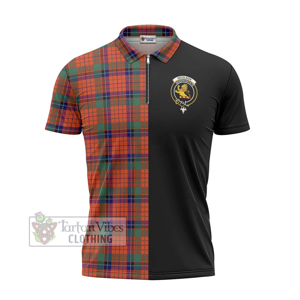 Nicolson Ancient Tartan Zipper Polo Shirt with Family Crest and Half Of Me Style - Tartanvibesclothing Shop