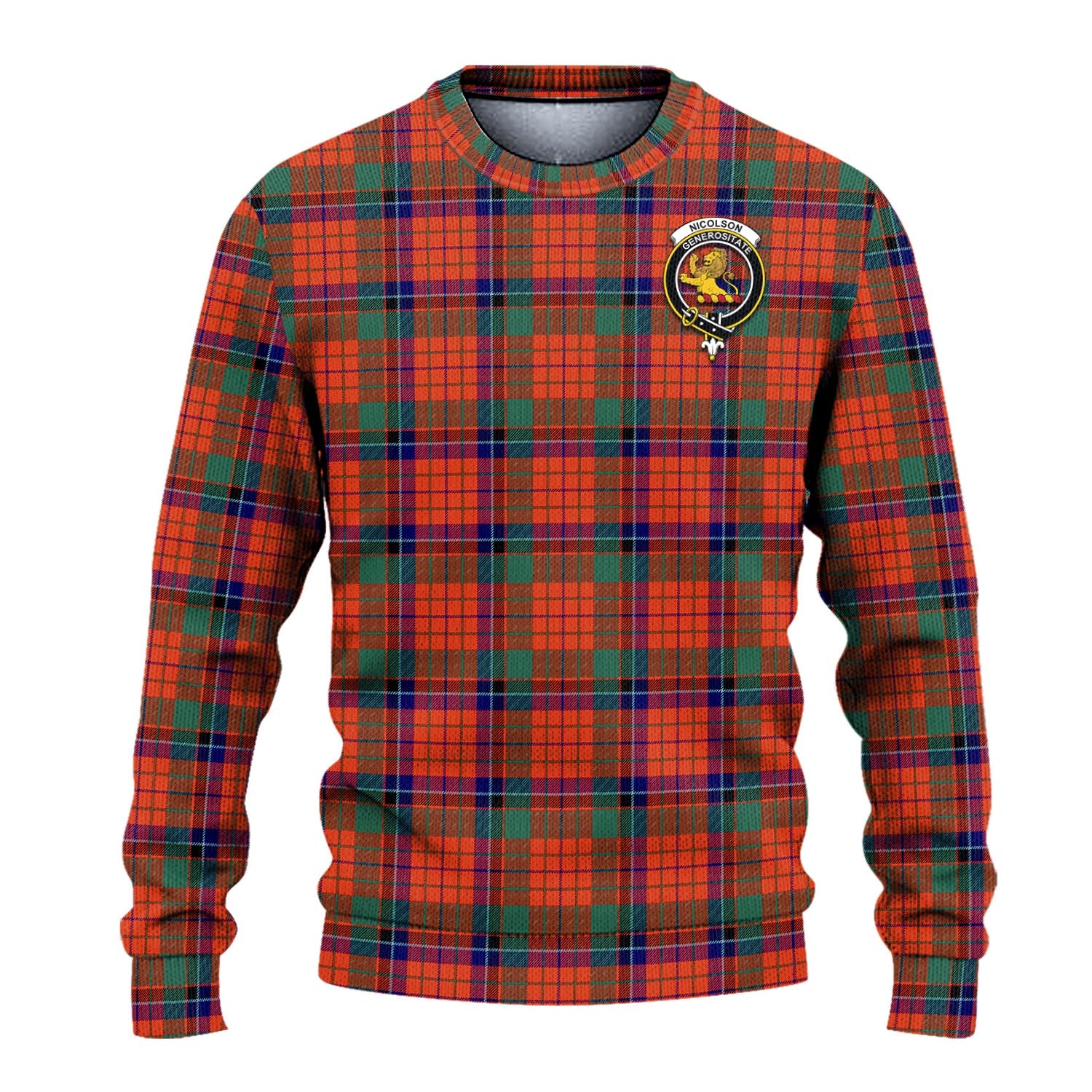 Nicolson Ancient Tartan Knitted Sweater with Family Crest - Tartanvibesclothing