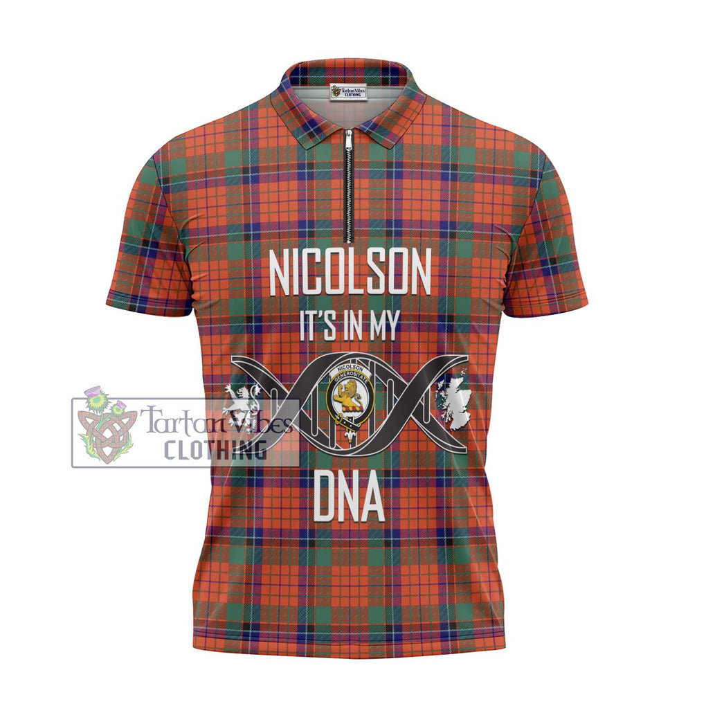 Nicolson Ancient Tartan Zipper Polo Shirt with Family Crest DNA In Me Style - Tartanvibesclothing Shop