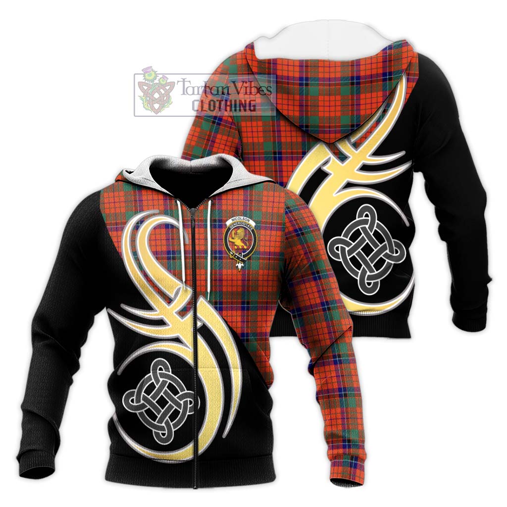 Tartan Vibes Clothing Nicolson Ancient Tartan Knitted Hoodie with Family Crest and Celtic Symbol Style
