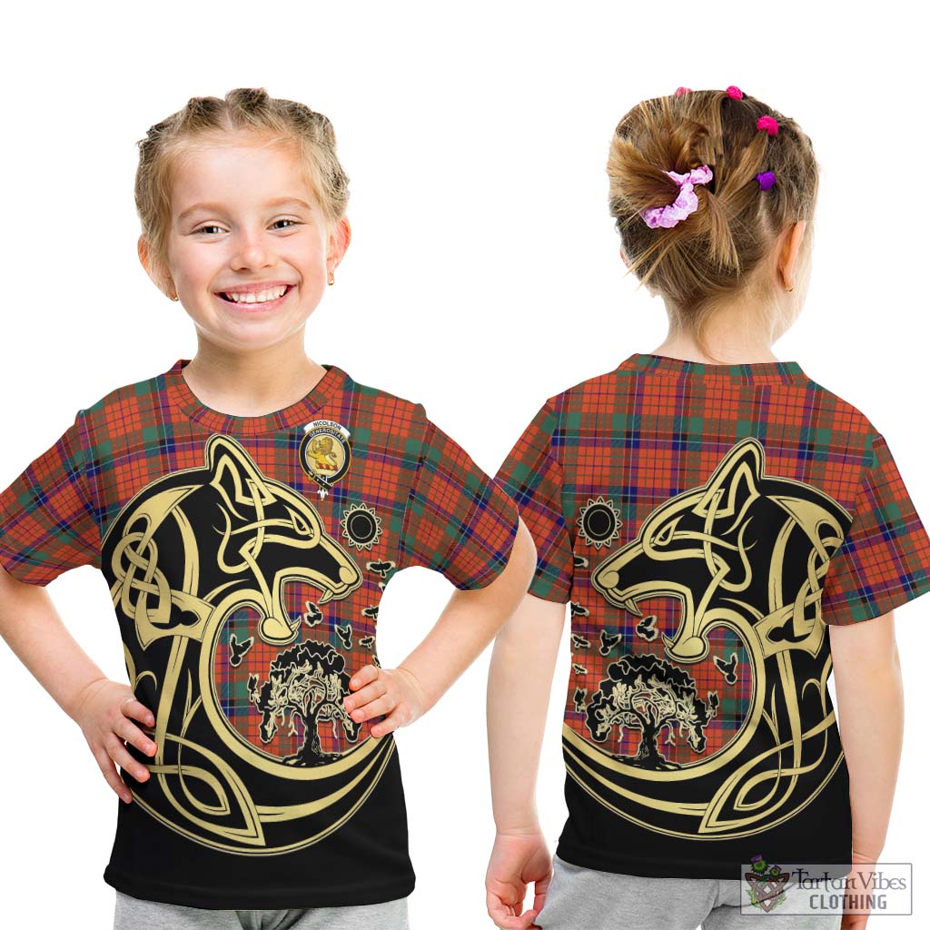 Tartan Vibes Clothing Nicolson Ancient Tartan Kid T-Shirt with Family Crest Celtic Wolf Style