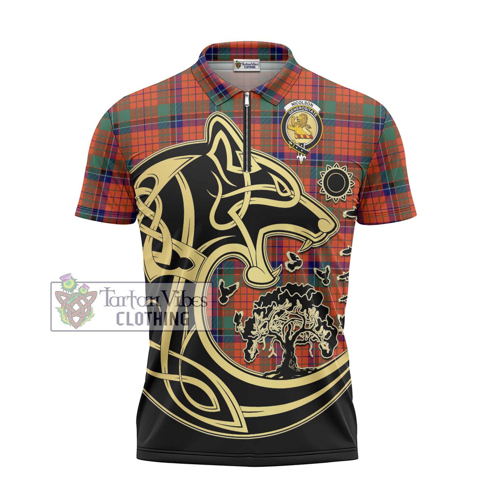 Nicolson Ancient Tartan Zipper Polo Shirt with Family Crest Celtic Wolf Style - Tartanvibesclothing Shop