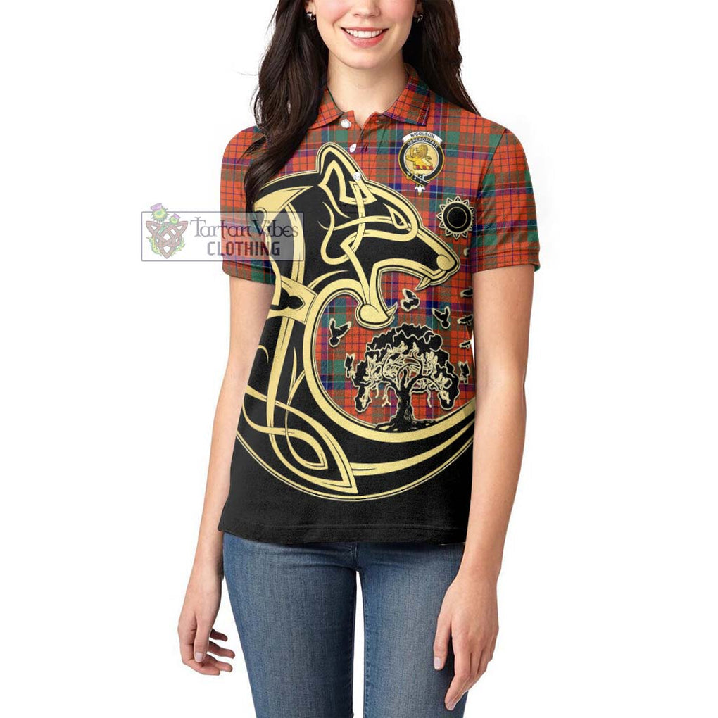 Nicolson Ancient Tartan Women's Polo Shirt with Family Crest Celtic Wolf Style - Tartanvibesclothing Shop