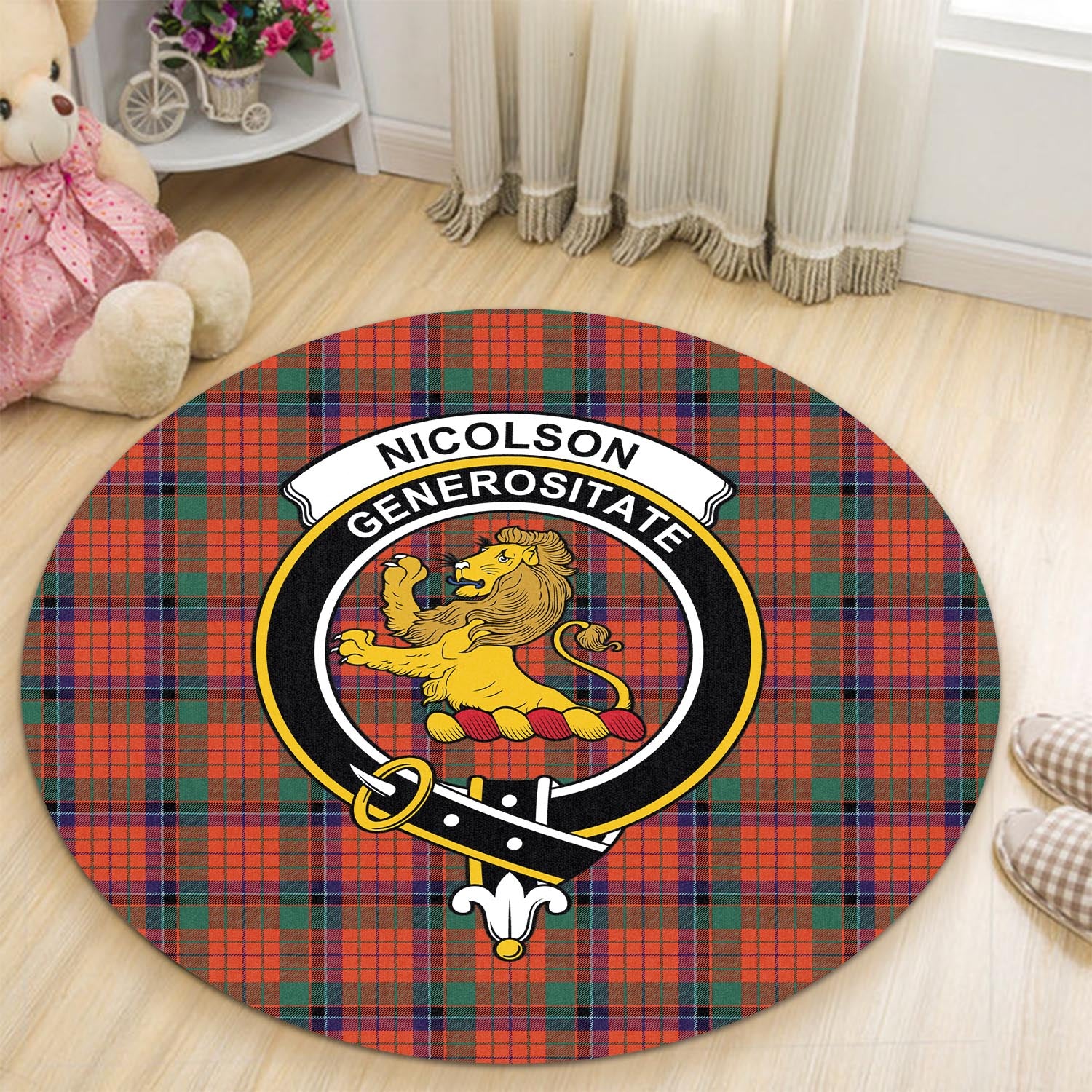 nicolson-ancient-tartan-round-rug-with-family-crest