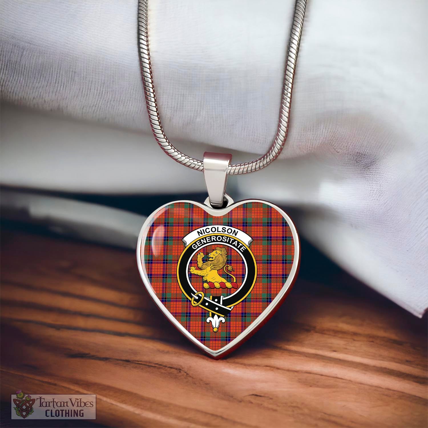Tartan Vibes Clothing Nicolson Ancient Tartan Heart Necklace with Family Crest
