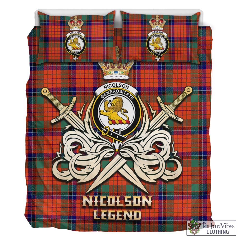 Tartan Vibes Clothing Nicolson Ancient Tartan Bedding Set with Clan Crest and the Golden Sword of Courageous Legacy