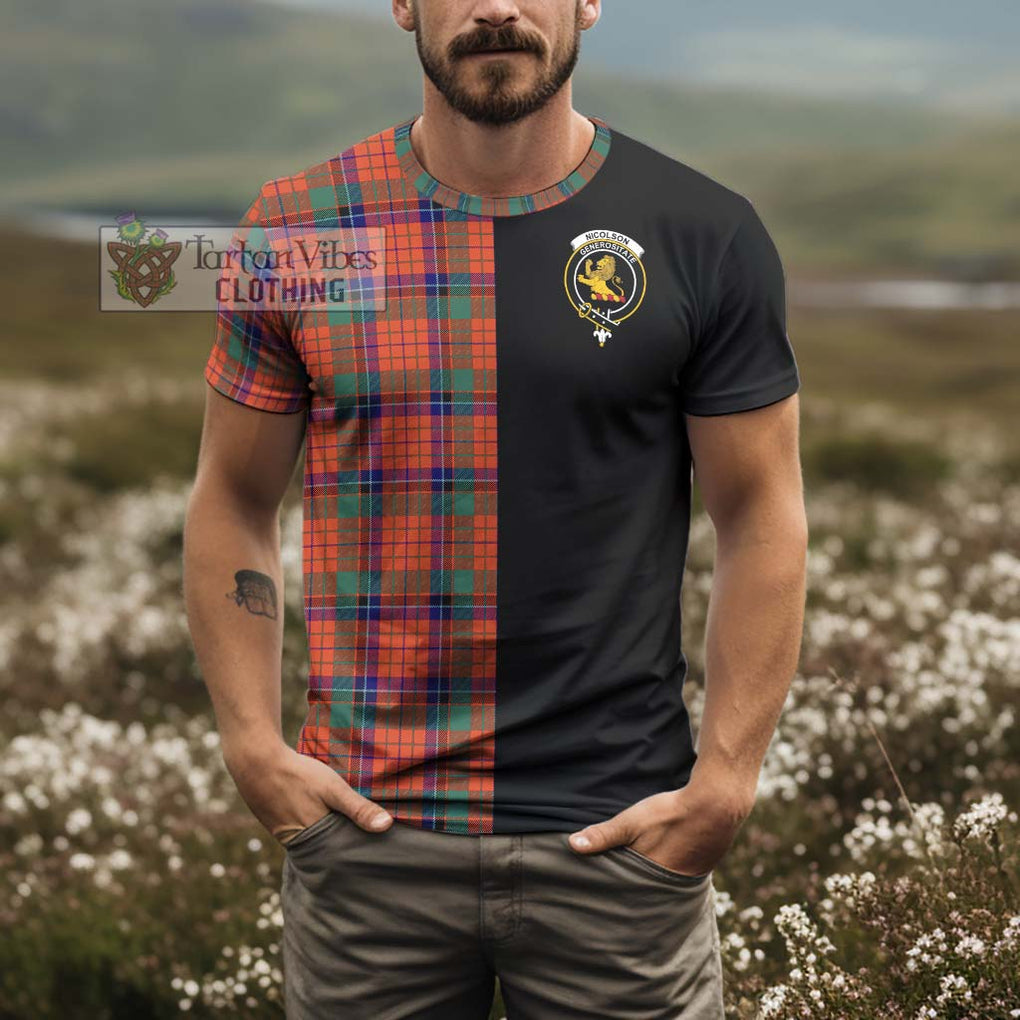 Nicolson Ancient Tartan T-Shirt with Family Crest and Half Of Me Style - Tartanvibesclothing Shop