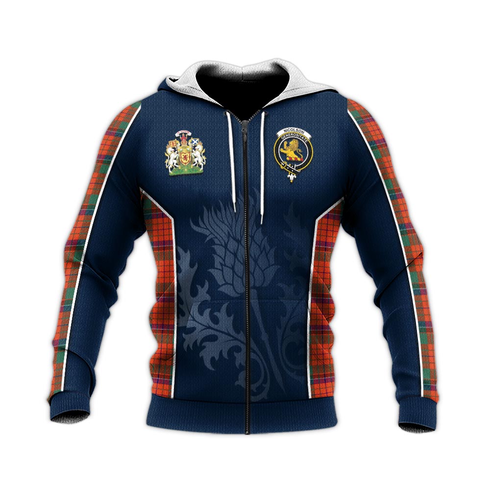 Tartan Vibes Clothing Nicolson Ancient Tartan Knitted Hoodie with Family Crest and Scottish Thistle Vibes Sport Style