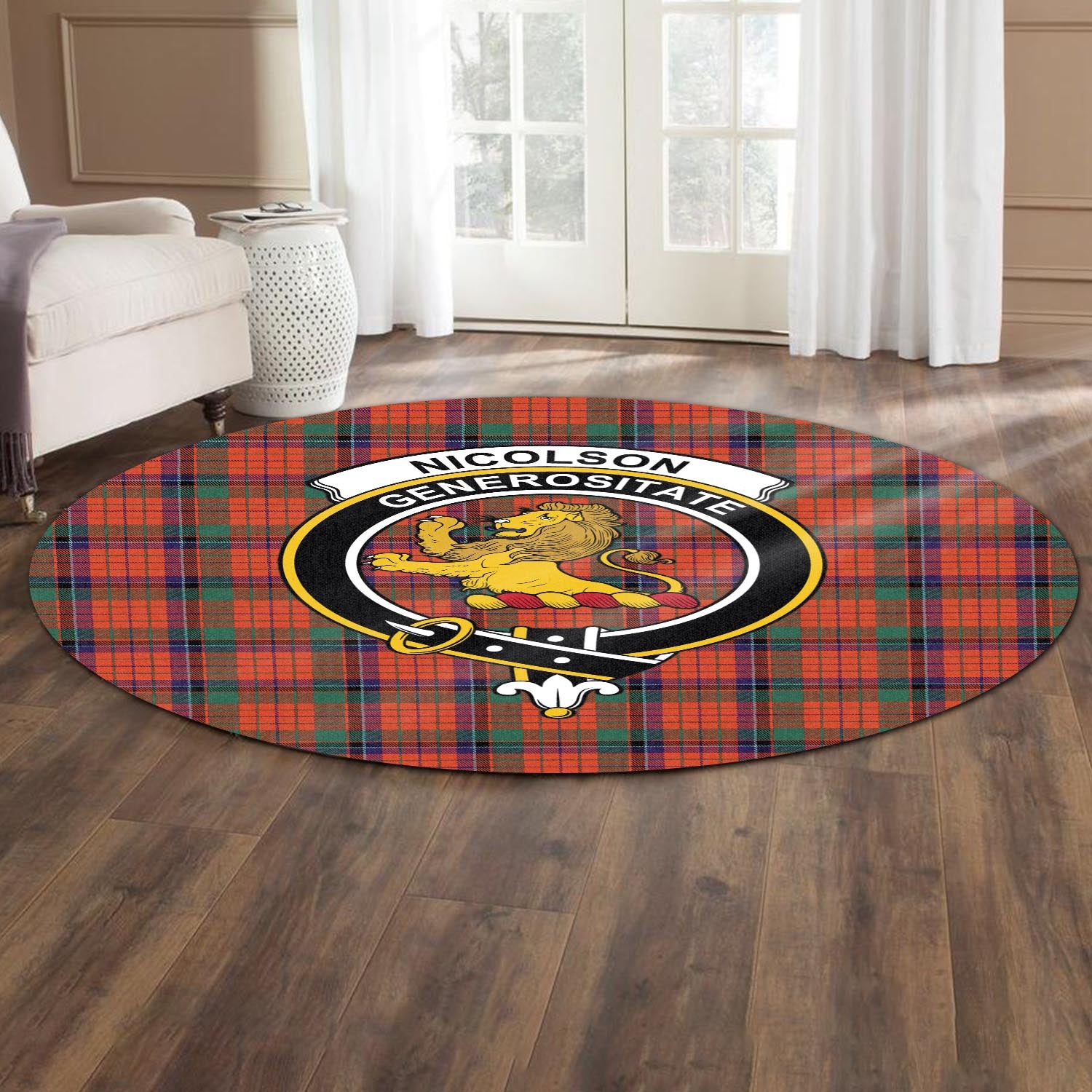 nicolson-ancient-tartan-round-rug-with-family-crest