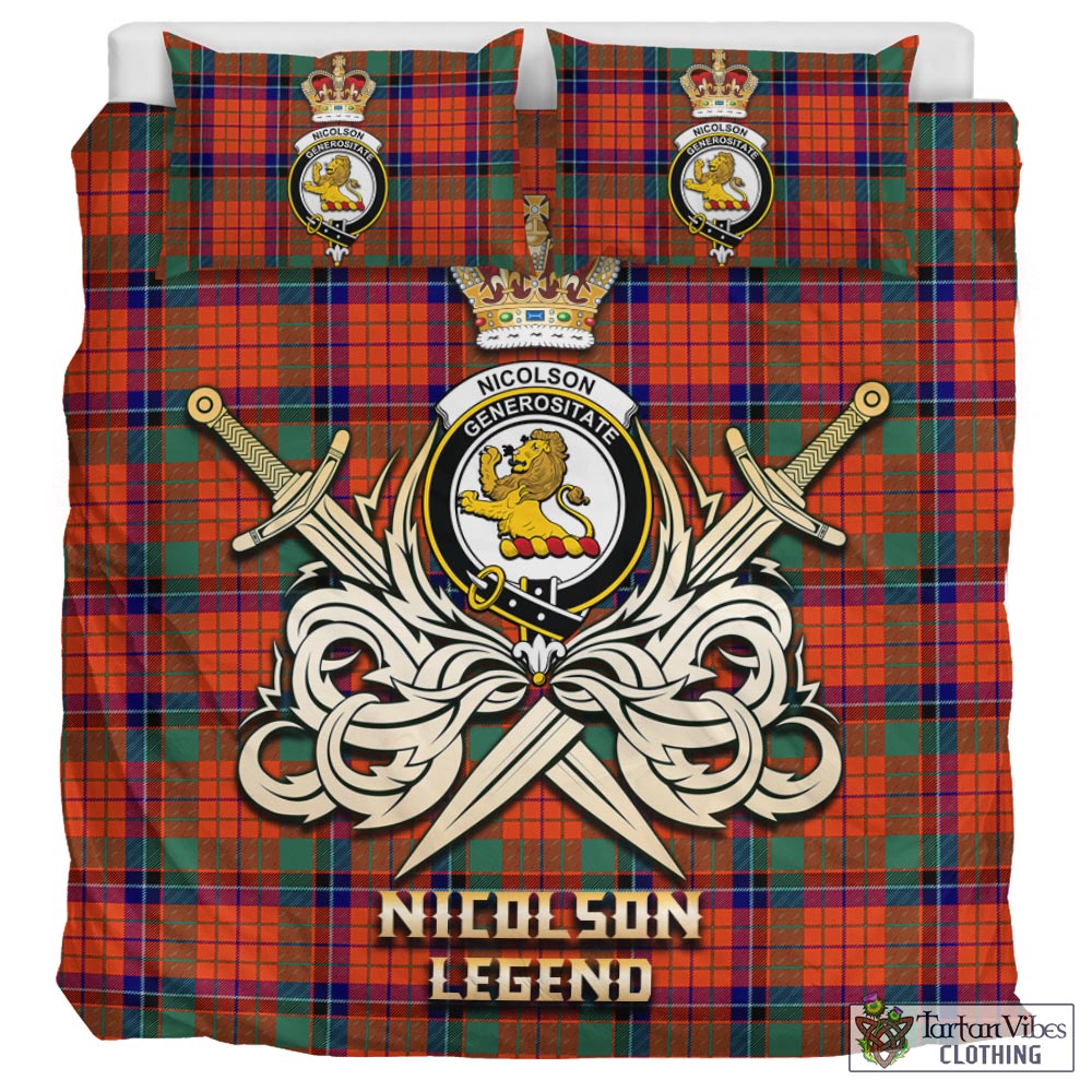 Tartan Vibes Clothing Nicolson Ancient Tartan Bedding Set with Clan Crest and the Golden Sword of Courageous Legacy