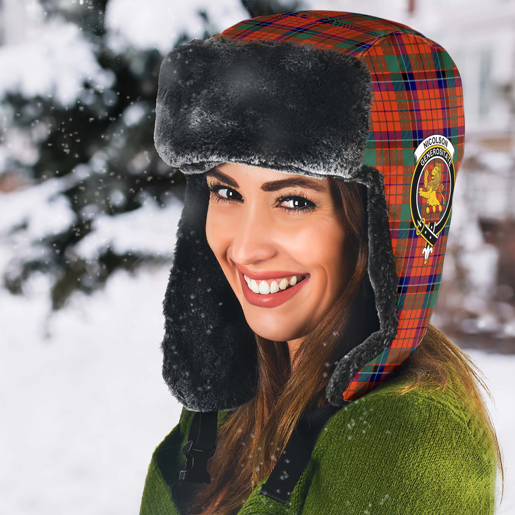 Nicolson Ancient Tartan Winter Trapper Hat with Family Crest - Tartanvibesclothing