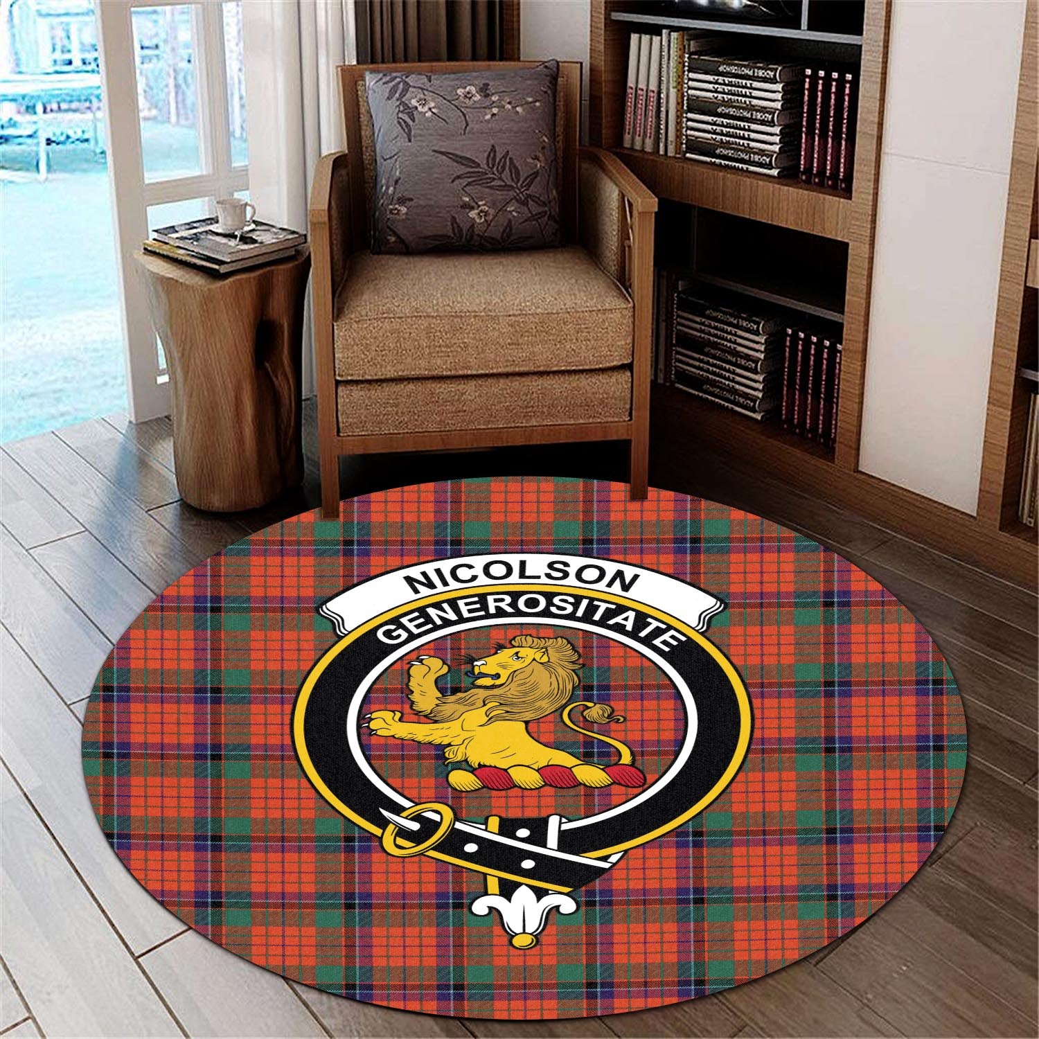 nicolson-ancient-tartan-round-rug-with-family-crest