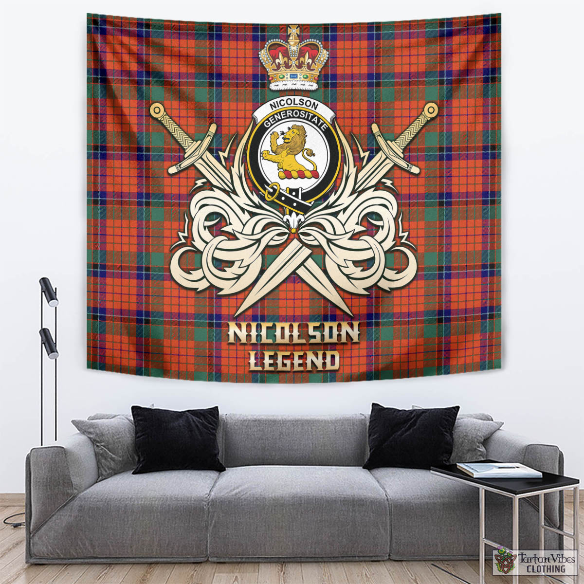 Tartan Vibes Clothing Nicolson Ancient Tartan Tapestry with Clan Crest and the Golden Sword of Courageous Legacy