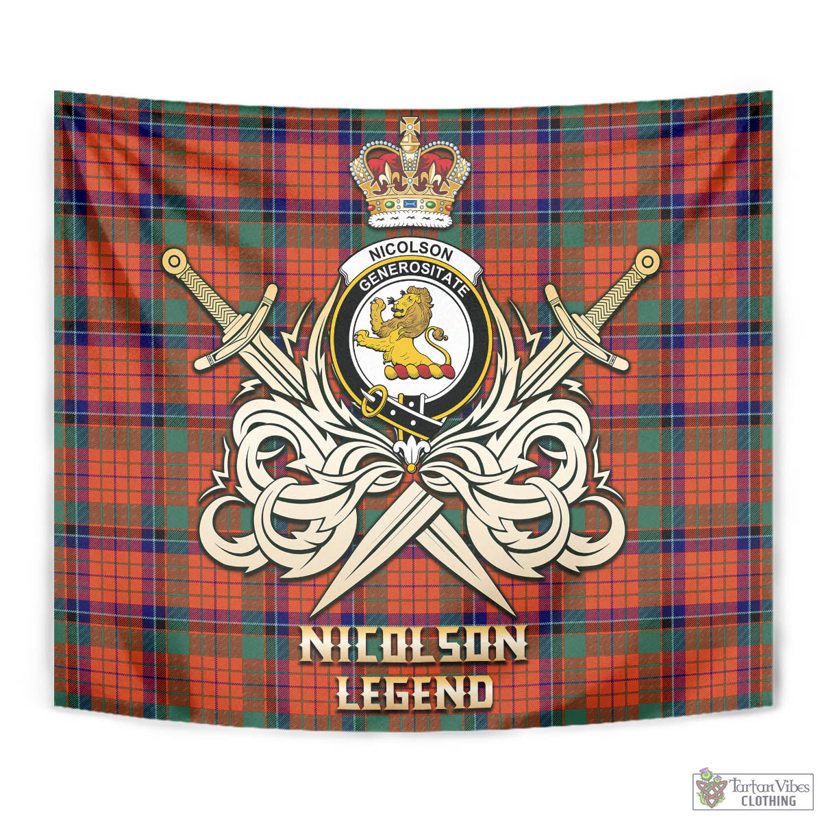 Tartan Vibes Clothing Nicolson Ancient Tartan Tapestry with Clan Crest and the Golden Sword of Courageous Legacy