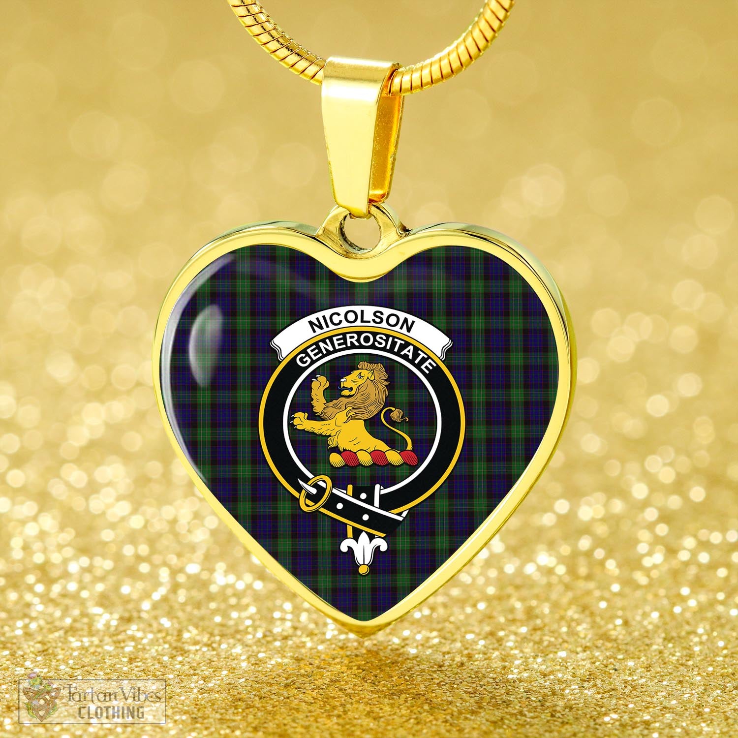 Tartan Vibes Clothing Nicolson Green Hunting Tartan Heart Necklace with Family Crest