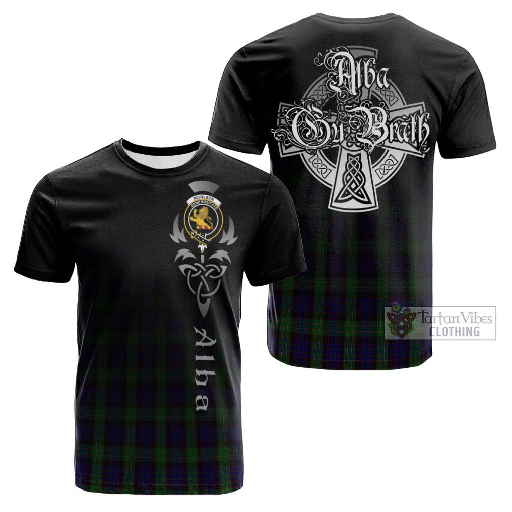 Tartan Vibes Clothing Nicolson Green Hunting Tartan Cotton T-shirt Featuring Alba Gu Brath Family Crest Celtic Inspired