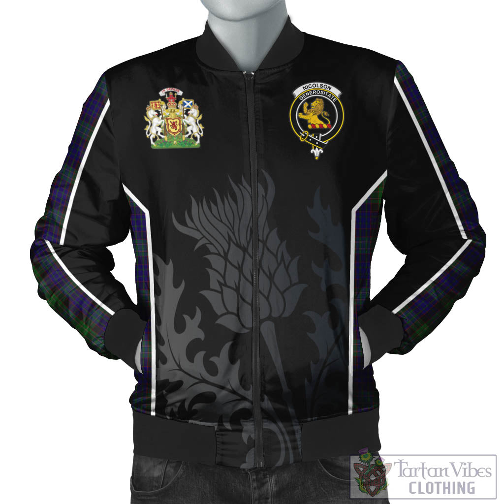 Tartan Vibes Clothing Nicolson Green Hunting Tartan Bomber Jacket with Family Crest and Scottish Thistle Vibes Sport Style