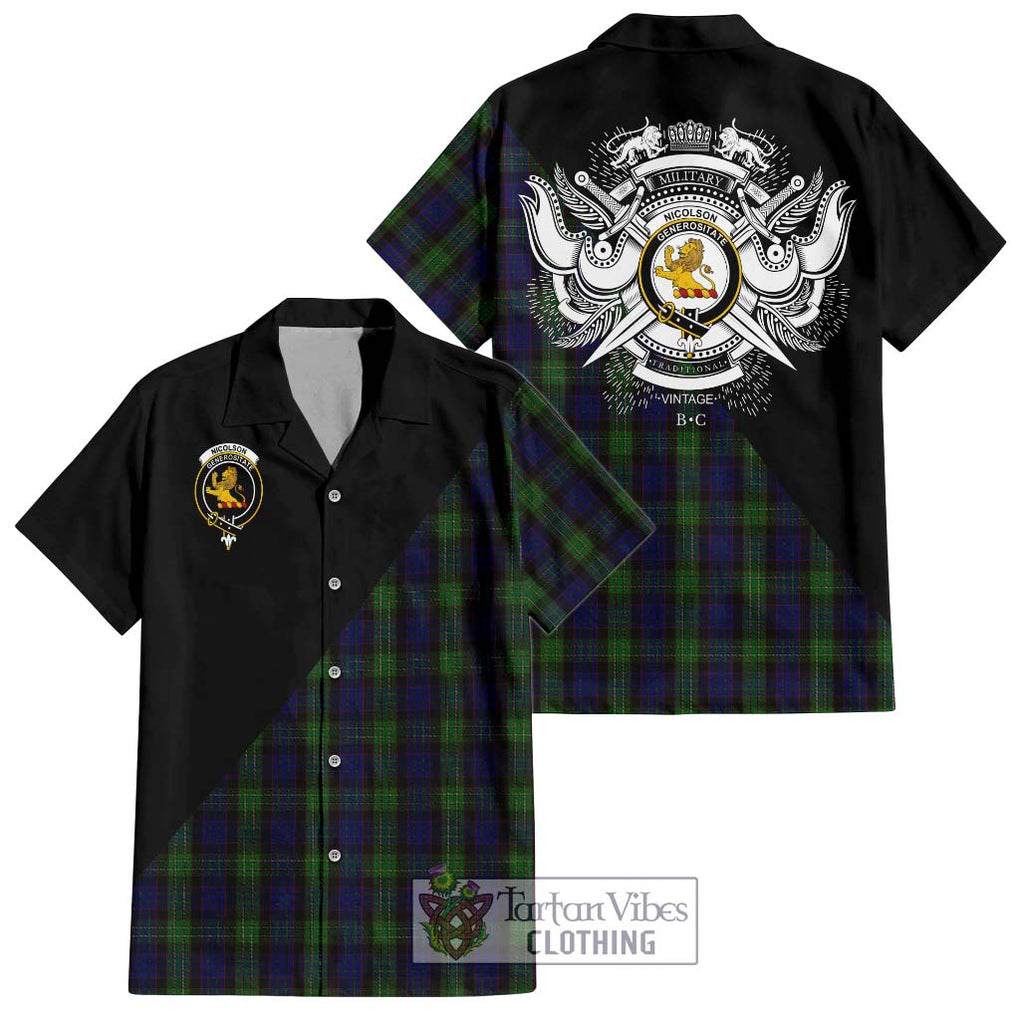 Nicolson Green Hunting Tartan Short Sleeve Button Shirt with Family Crest and Military Logo Style Kid - Tartanvibesclothing Shop