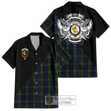 Nicolson Green Hunting Tartan Short Sleeve Button Shirt with Family Crest and Military Logo Style