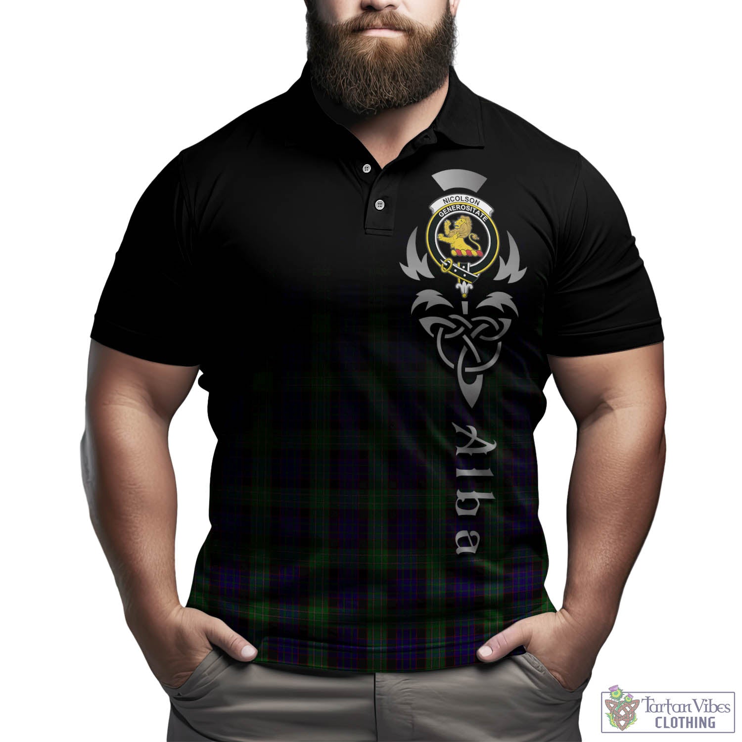 Tartan Vibes Clothing Nicolson Green Hunting Tartan Polo Shirt Featuring Alba Gu Brath Family Crest Celtic Inspired