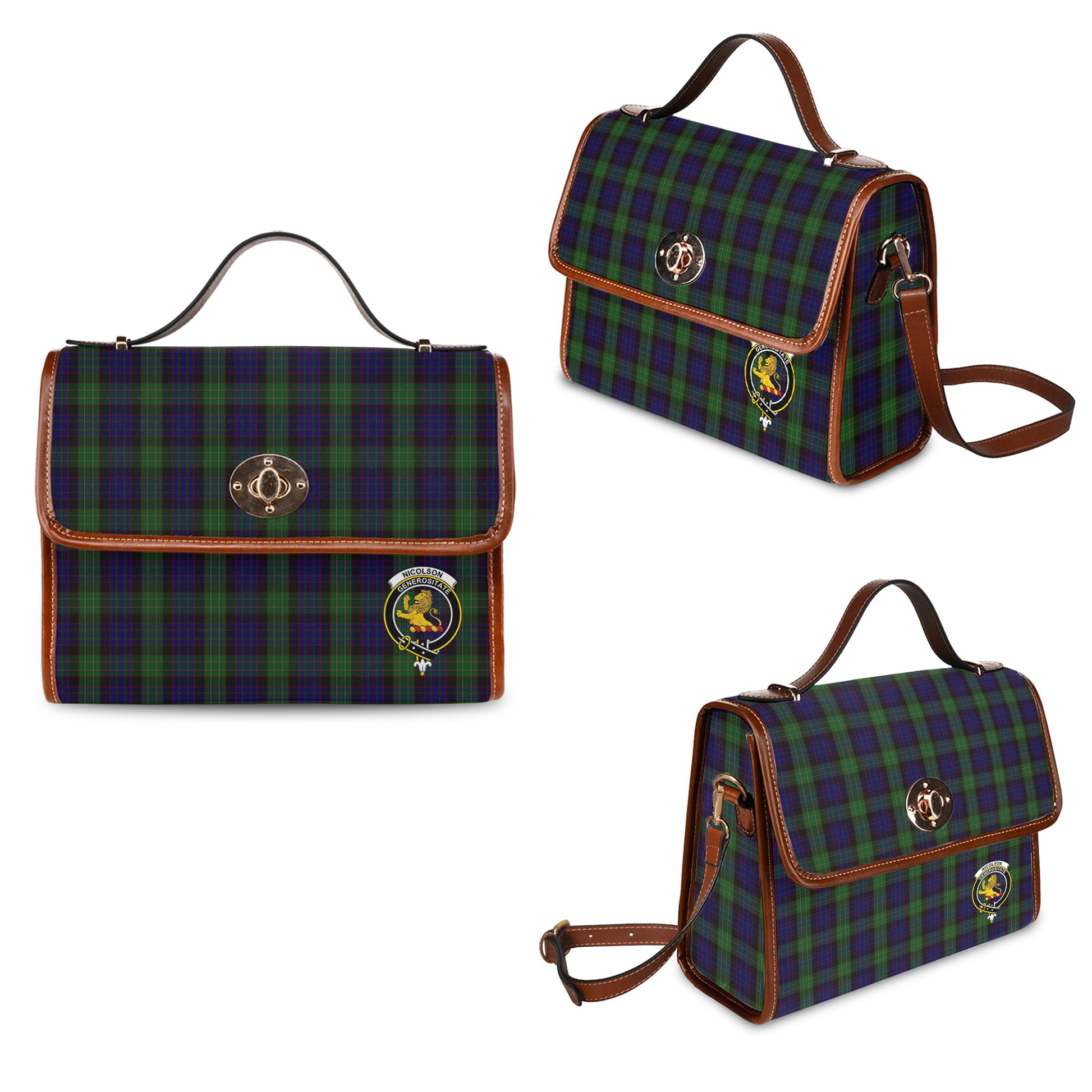 nicolson-green-hunting-tartan-leather-strap-waterproof-canvas-bag-with-family-crest