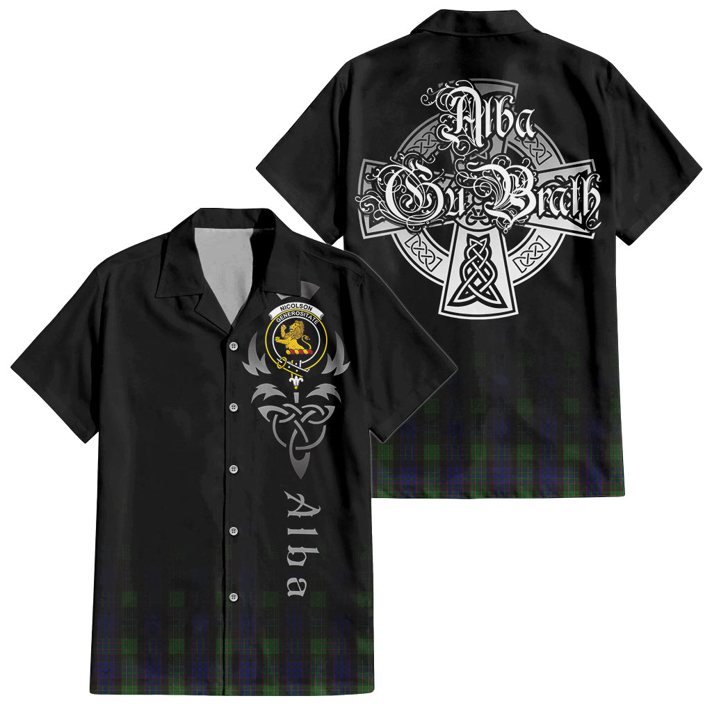 Tartan Vibes Clothing Nicolson Green Hunting Tartan Short Sleeve Button Up Featuring Alba Gu Brath Family Crest Celtic Inspired